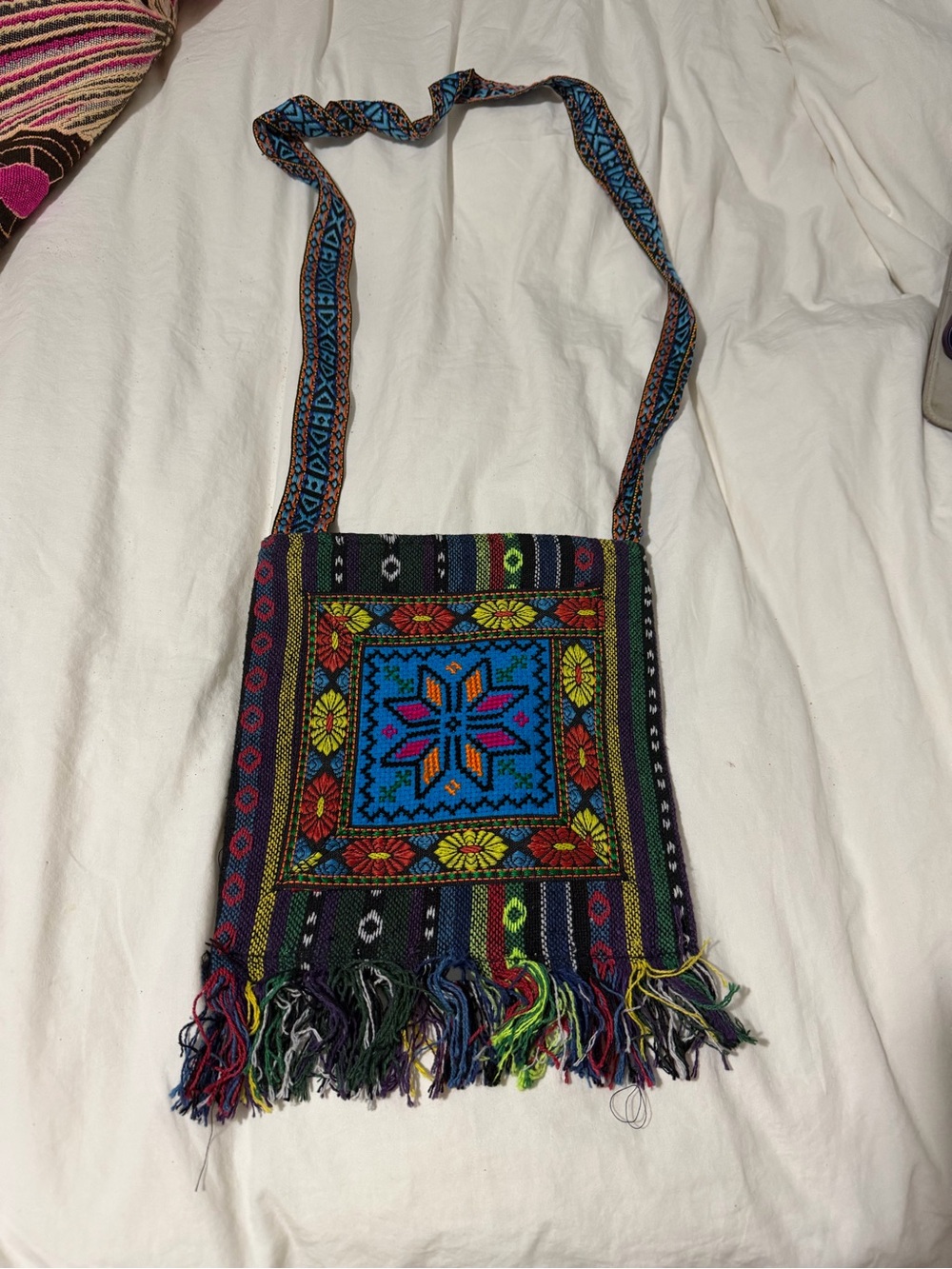 Handwoven Multicolor Crossbody Bag with Fringed Hem